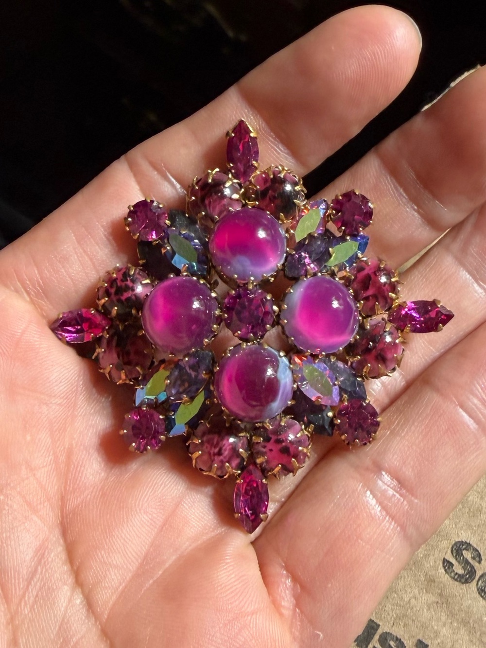 Pink Crystal Cluster Brooch in Gold-Tone Setting